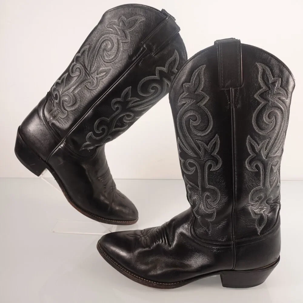 Justin Black Leather Cowboy Boots Western Mens Size 9 EEE Embroidered Style 1409